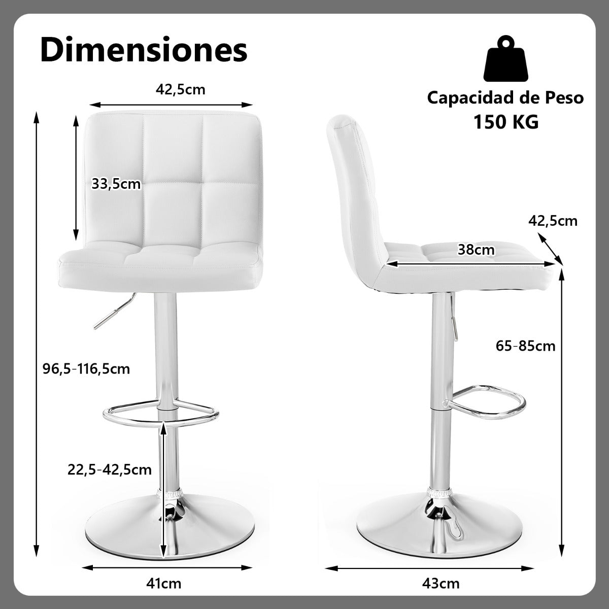 Juego de 1 Taburetes de Piel Sintética con Altura Ajustable Asiento Giratorio de 360° Reposapiés y Base Metálica Silla de Comedor Blanco