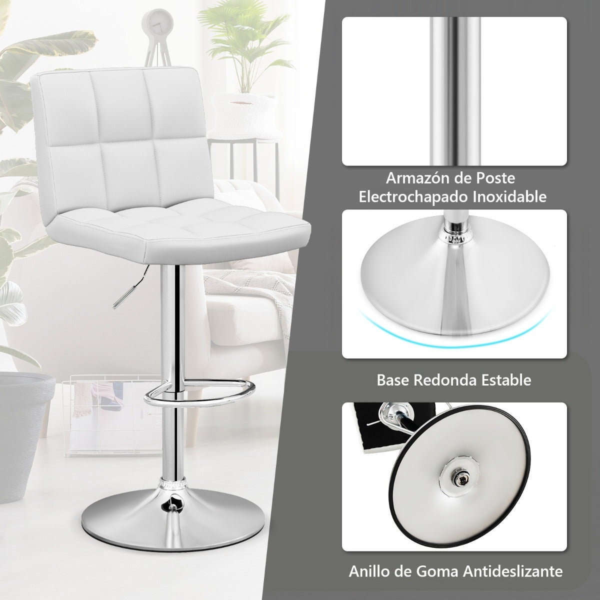 Juego de 1 Taburetes de Piel Sintética con Altura Ajustable Asiento Giratorio de 360° Reposapiés y Base Metálica Silla de Comedor Blanco