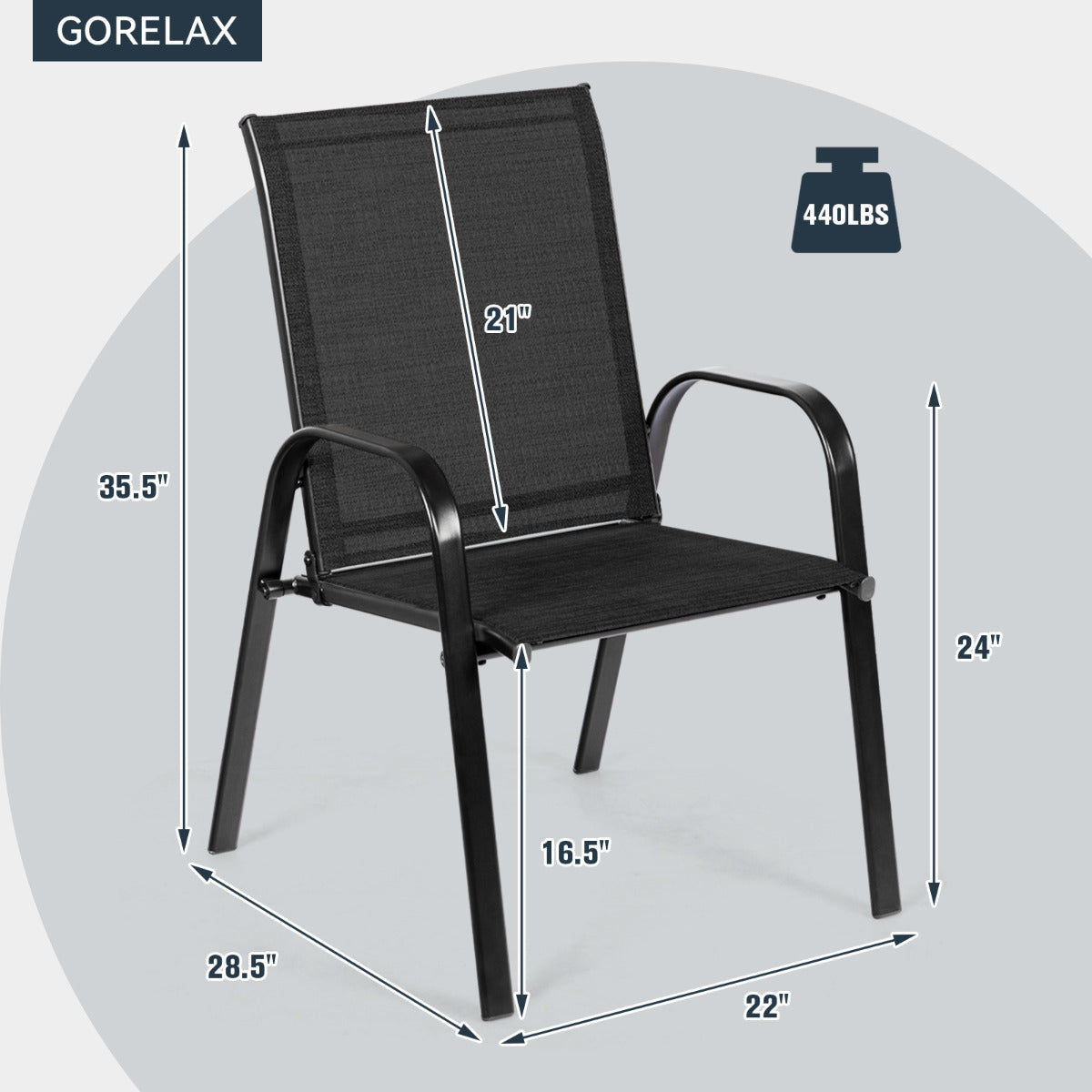 Juego de 2 Sillas de Comedor con Reposabrazos Curvos Tela Fácil de Secar Marco de Metal Reforzado Asiento Ancho para Piscina Negro