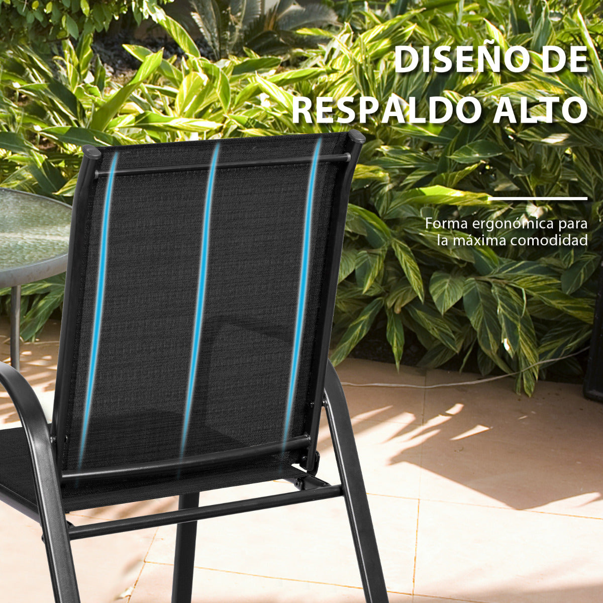 Juego de 2 Sillas de Comedor con Reposabrazos Curvos Tela Fácil de Secar Marco de Metal Reforzado Asiento Ancho para Piscina Negro