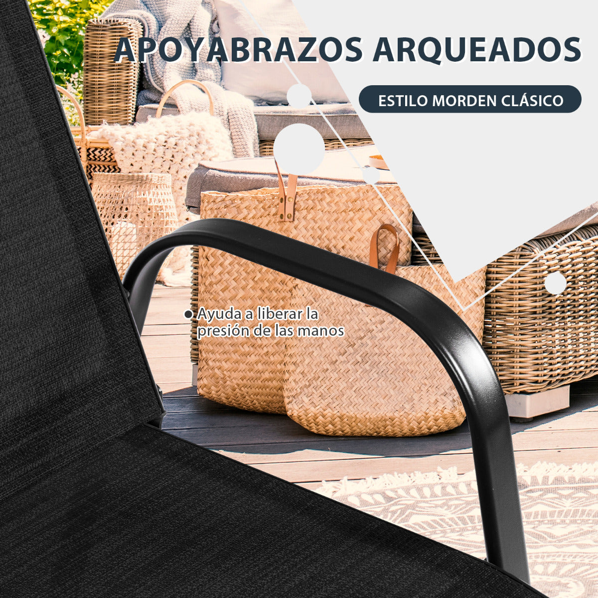 Juego de 2 Sillas de Comedor con Reposabrazos Curvos Tela Fácil de Secar Marco de Metal Reforzado Asiento Ancho para Piscina Negro