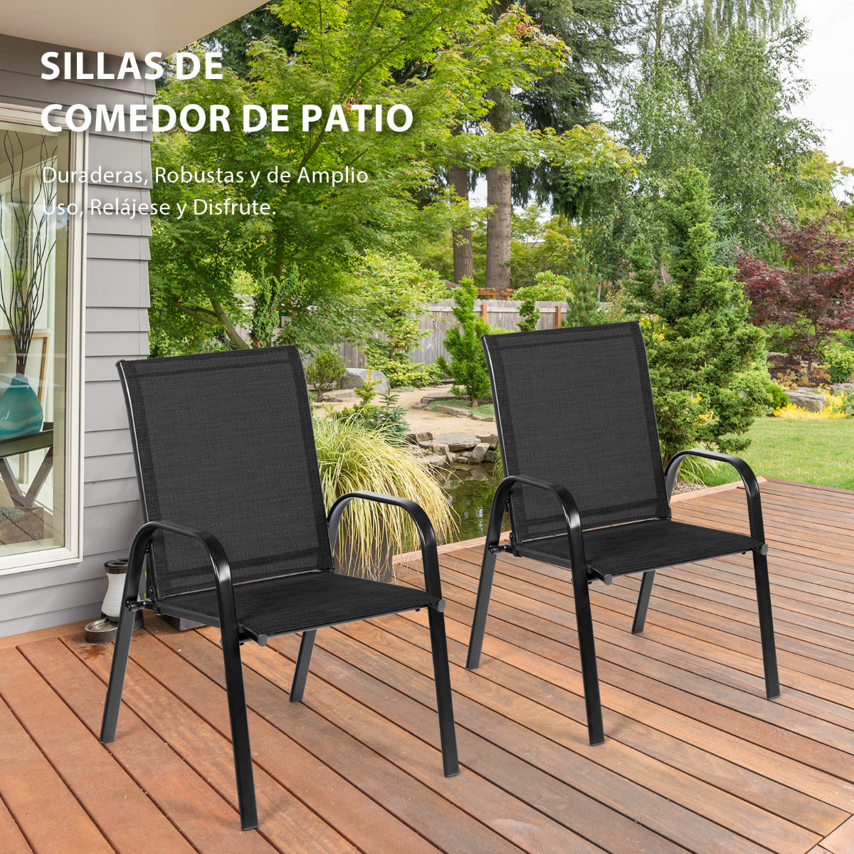 Juego de 2 Sillas de Comedor con Reposabrazos Curvos Tela Fácil de Secar Marco de Metal Reforzado Asiento Ancho para Piscina Negro
