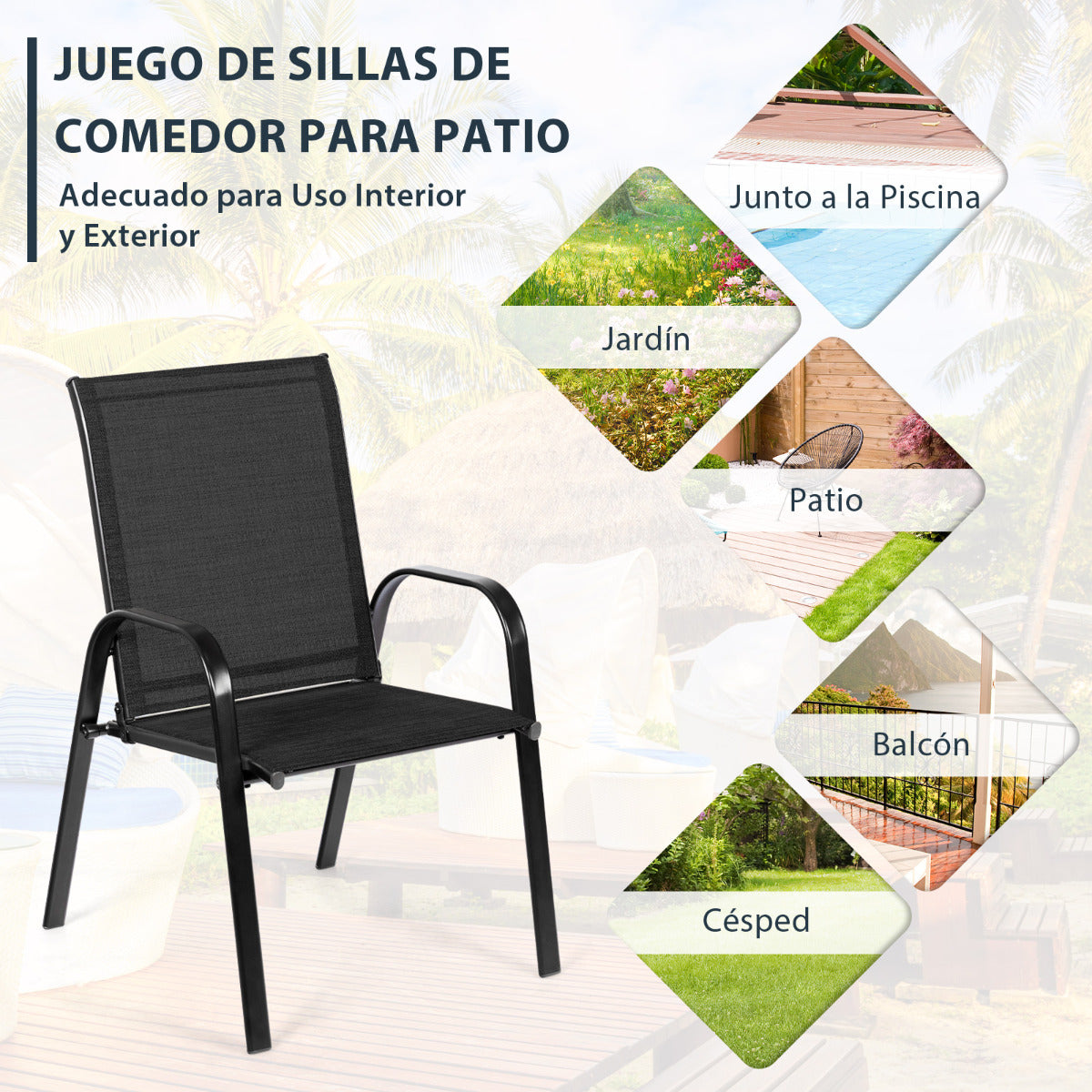 Juego de 2 Sillas de Comedor con Reposabrazos Curvos Tela Fácil de Secar Marco de Metal Reforzado Asiento Ancho para Piscina Negro