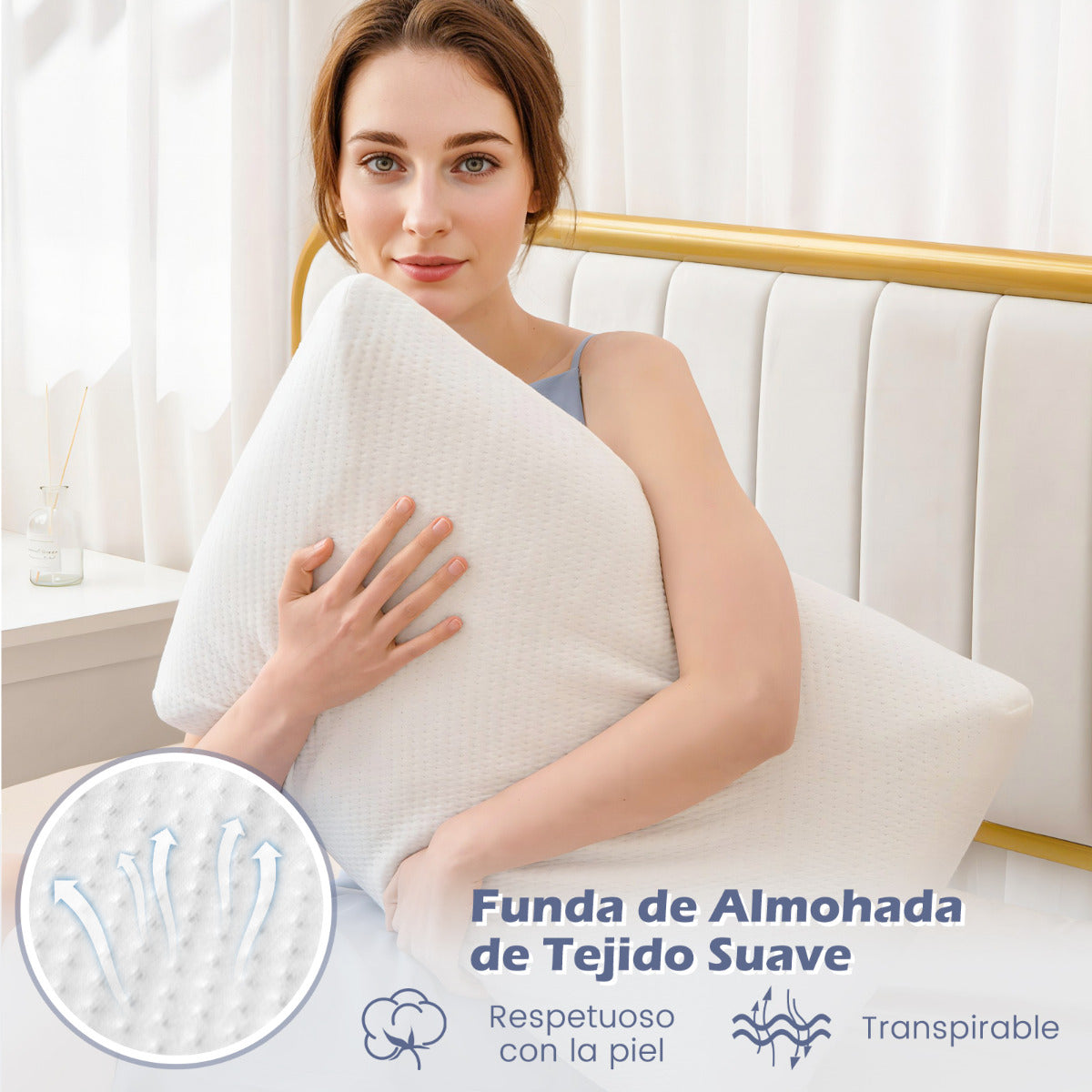 Juego de 2 Almohadas de Espuma Viscoelástica de Carbón de Bambú Refrescantes con Flujo de Aire de Corte 3D con Funda Desmontable Blanco
