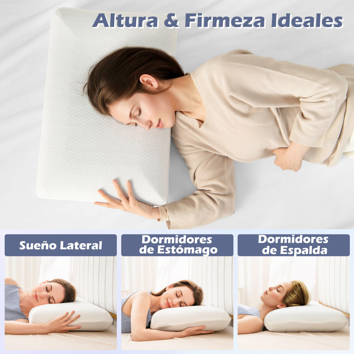 Juego de 2 Almohadas de Espuma Viscoelástica de Carbón de Bambú Refrescantes con Flujo de Aire de Corte 3D con Funda Desmontable Blanco