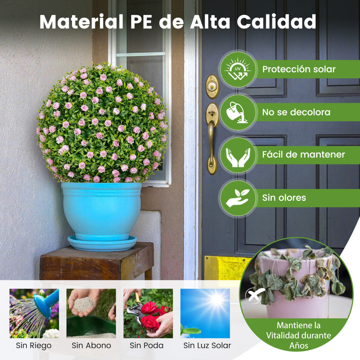Juego de 2 Bolas de Topiario Artificiales 37 cm Bolas Decorativas Falsas con Flores Rosas Esfera de Jardín Interior con Protección Solar