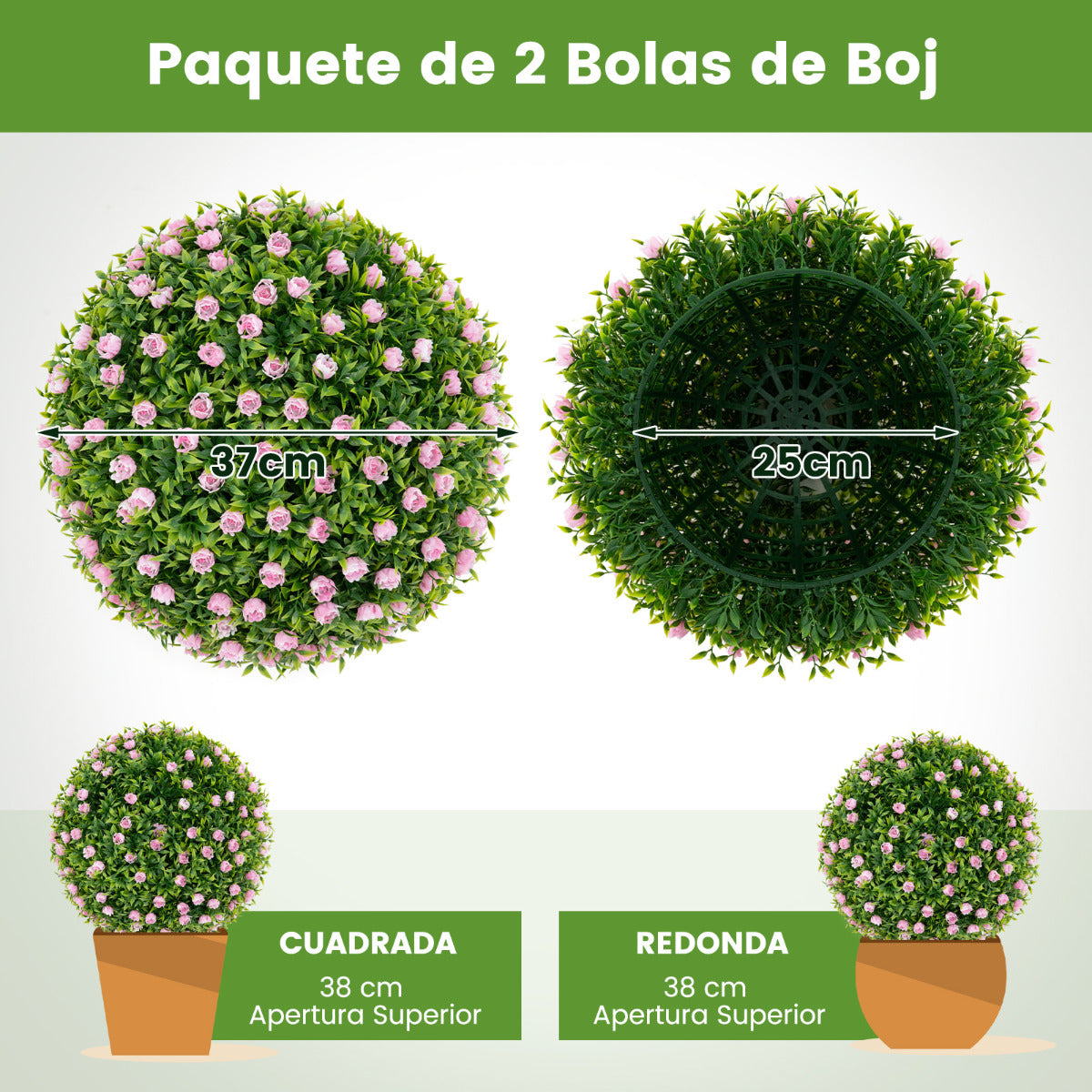 Juego de 2 Bolas de Topiario Artificiales 37 cm Bolas Decorativas Falsas con Flores Rosas Esfera de Jardín Interior con Protección Solar