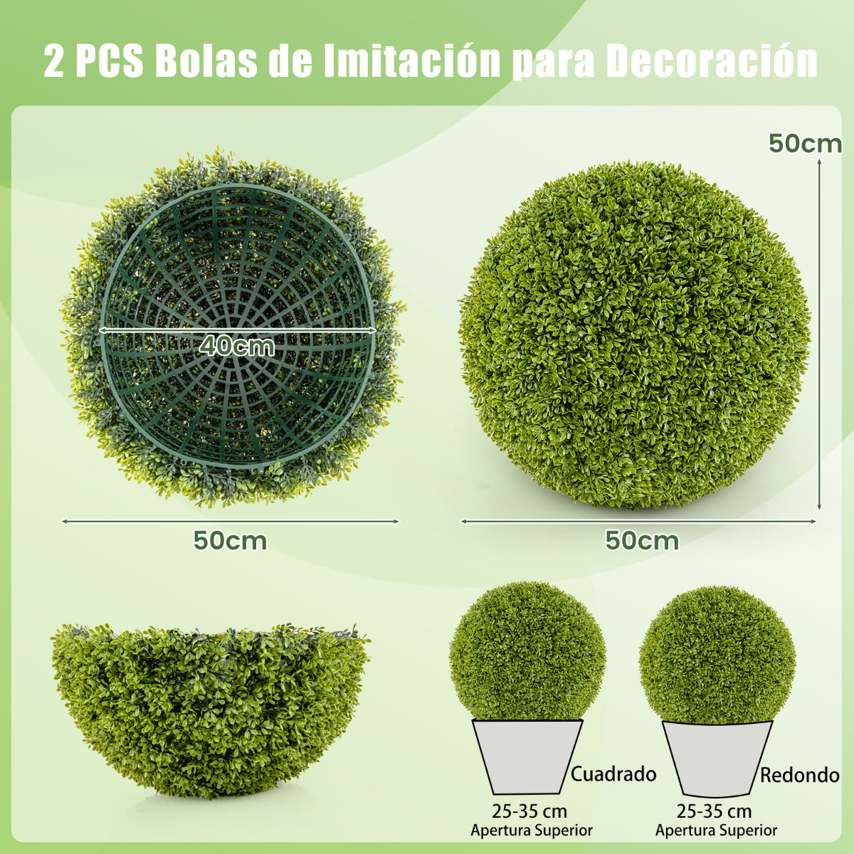 Juego de 2 Bolas de Topiario de Boj Artificial de 50 cm Bolas de Plantas Falsas Decoración para Interior y Exterior Esferas de Topiario