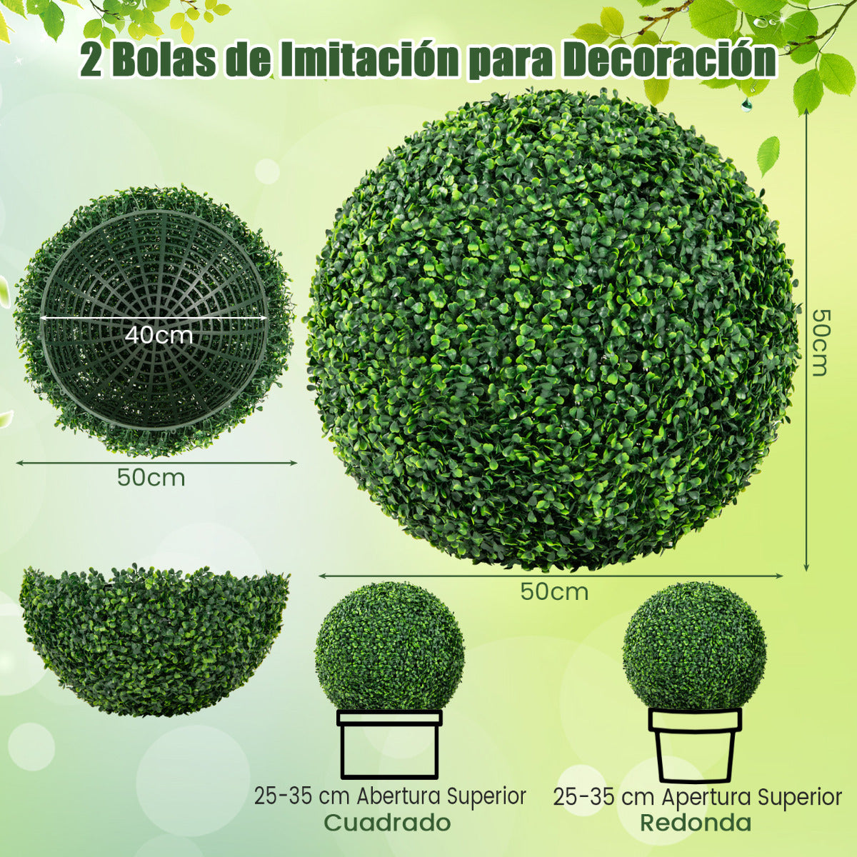 Juego de 2 Bolas de Topiario de Boj Artificial 50 cm Bolas de Plantas Falsas Decoración para Interior y Exterior Esferas de Topiario