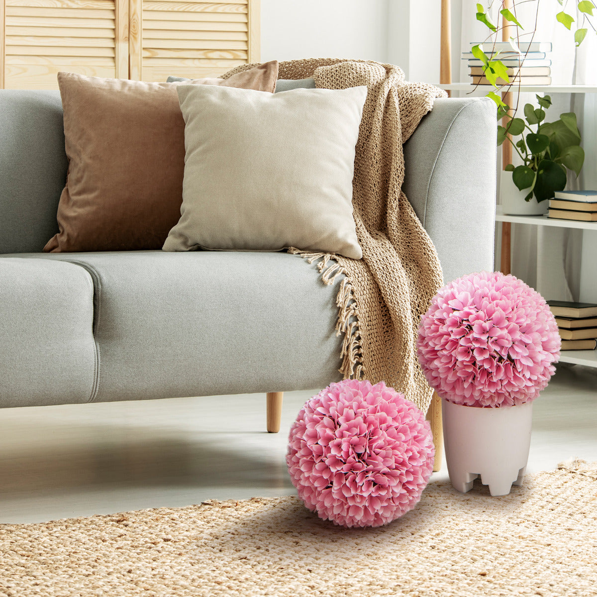 Juego de 2 Bolas de Topiario Artificiales de Planta Bolas Decorativas de 28 CM Decoración Interior y Exterior con Protección Solar Rosa