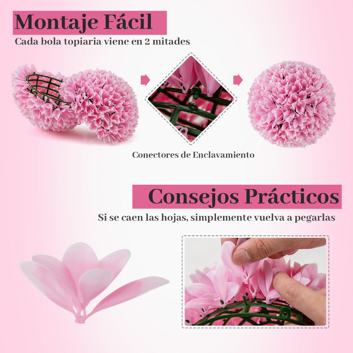 Juego de 2 Bolas de Topiario Artificiales de Planta Bolas Decorativas de 28 CM Decoración Interior y Exterior con Protección Solar Rosa