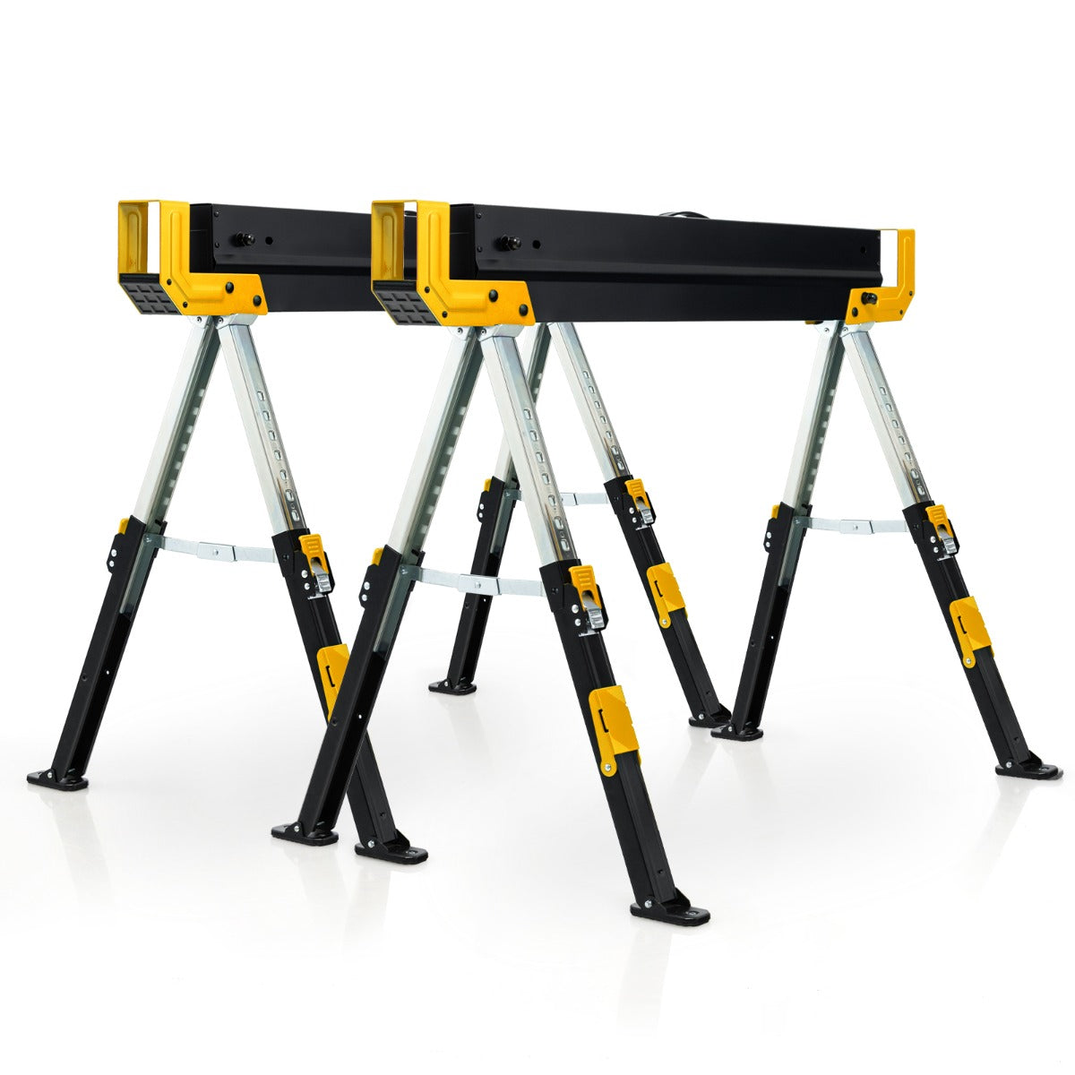 Juego de 2 Caballetes de Sierra Caballetes Plegables con 2 x 4 Brazos de Soporte Altura Ajustable 61,5 - 82,7 cm hasta 1180 kg Amarillo