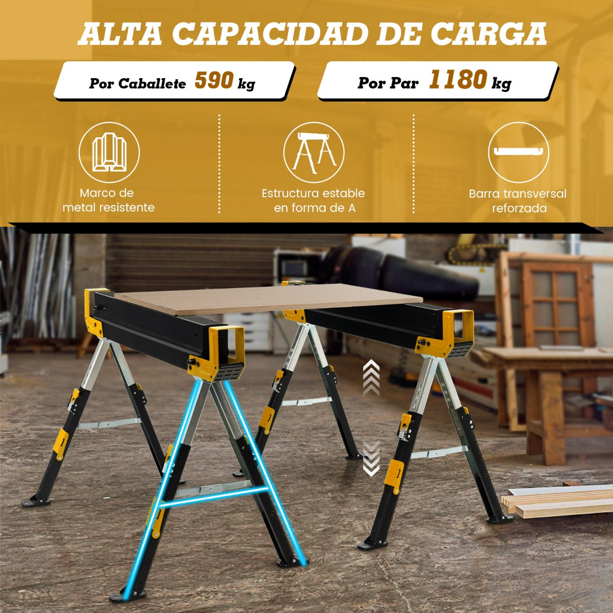 Juego de 2 Caballetes de Sierra Caballetes Plegables con 2 x 4 Brazos de Soporte Altura Ajustable 61,5 - 82,7 cm hasta 1180 kg Amarillo