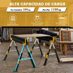 Juego de 2 Caballetes de Sierra Caballetes Plegables con 2 x 4 Brazos de Soporte Altura Ajustable 61,5 - 82,7 cm hasta 1180 kg Amarillo