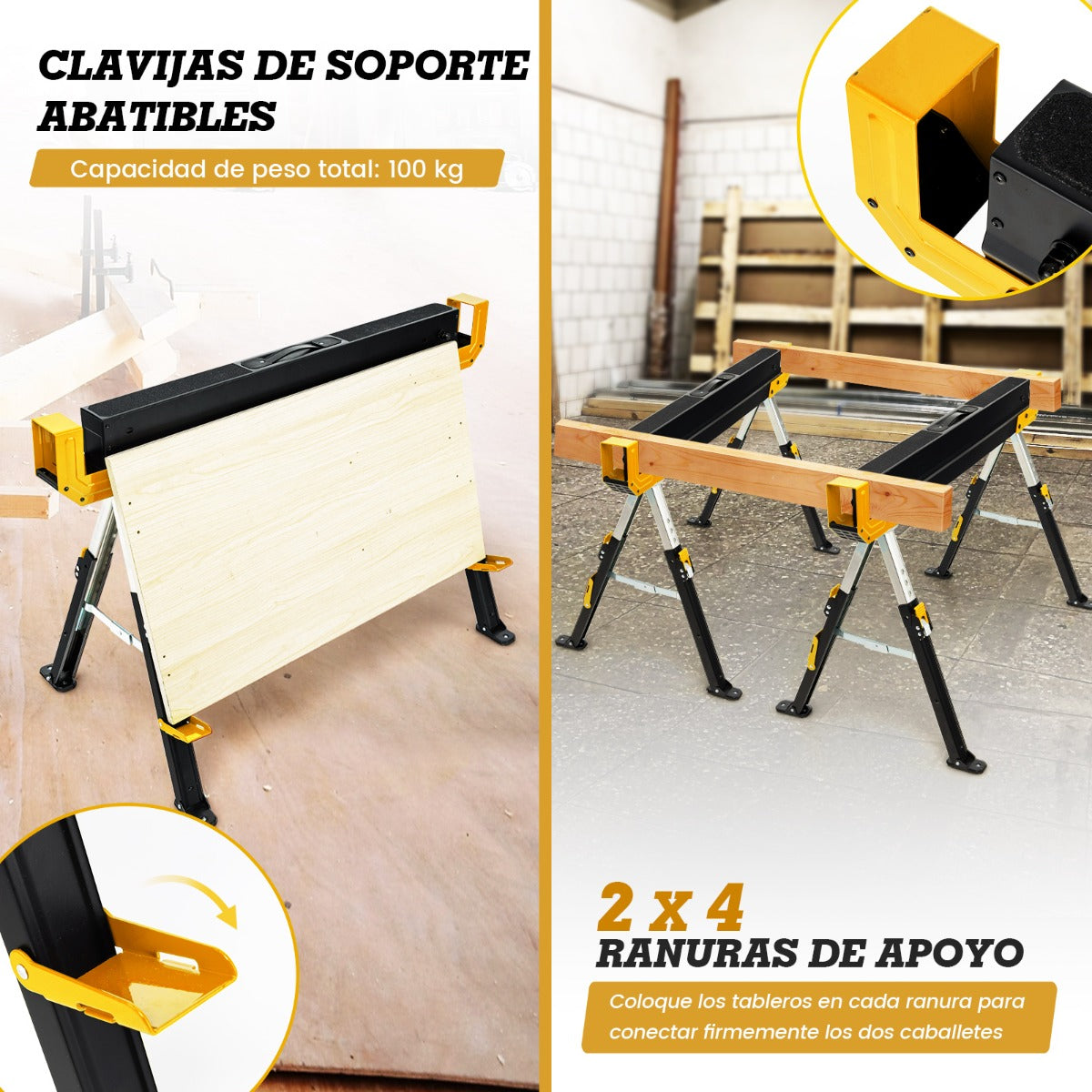 Juego de 2 Caballetes de Sierra Caballetes Plegables con 2 x 4 Brazos de Soporte Altura Ajustable 61,5 - 82,7 cm hasta 1180 kg Amarillo