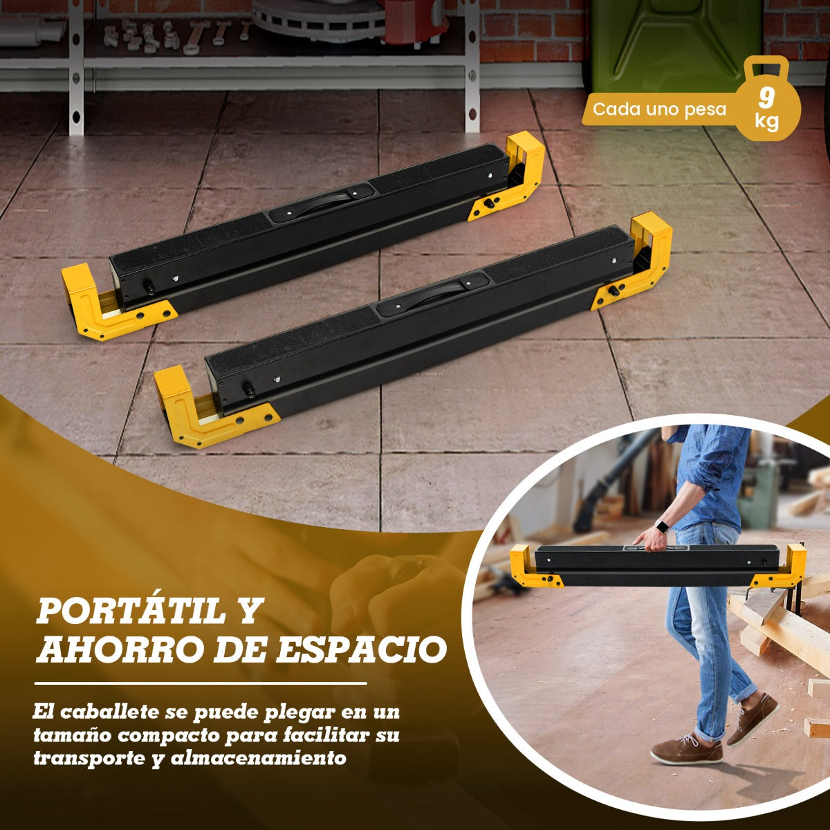 Juego de 2 Caballetes de Sierra Caballetes Plegables con 2 x 4 Brazos de Soporte Altura Ajustable 61,5 - 82,7 cm hasta 1180 kg Amarillo