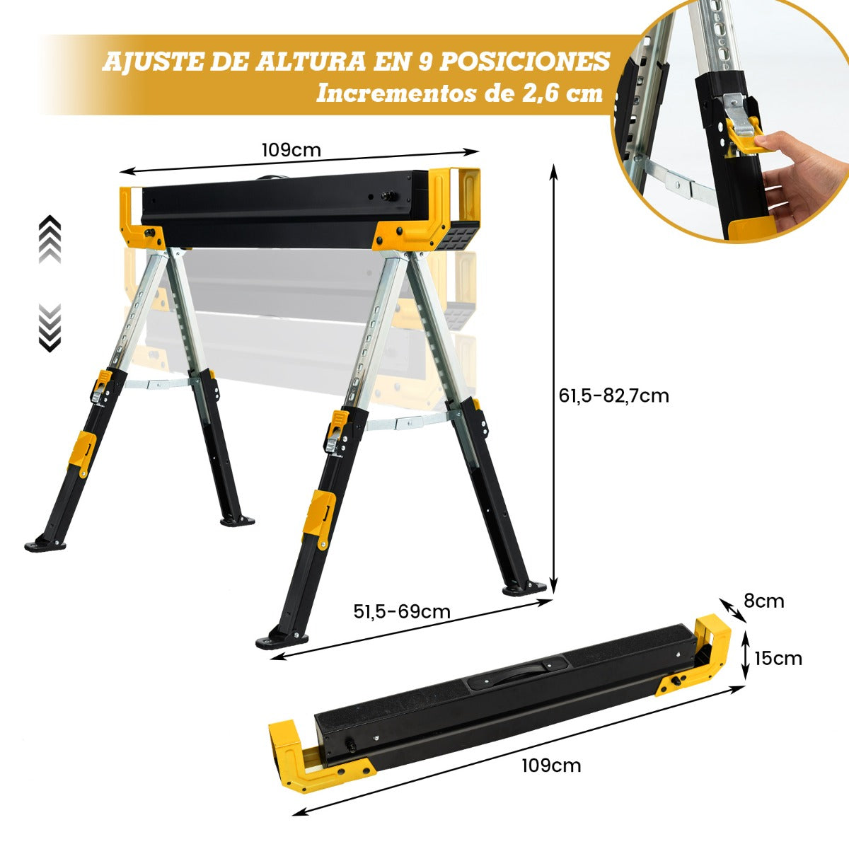 Juego de 2 Caballetes de Sierra Caballetes Plegables con 2 x 4 Brazos de Soporte Altura Ajustable 61,5 - 82,7 cm hasta 1180 kg Amarillo