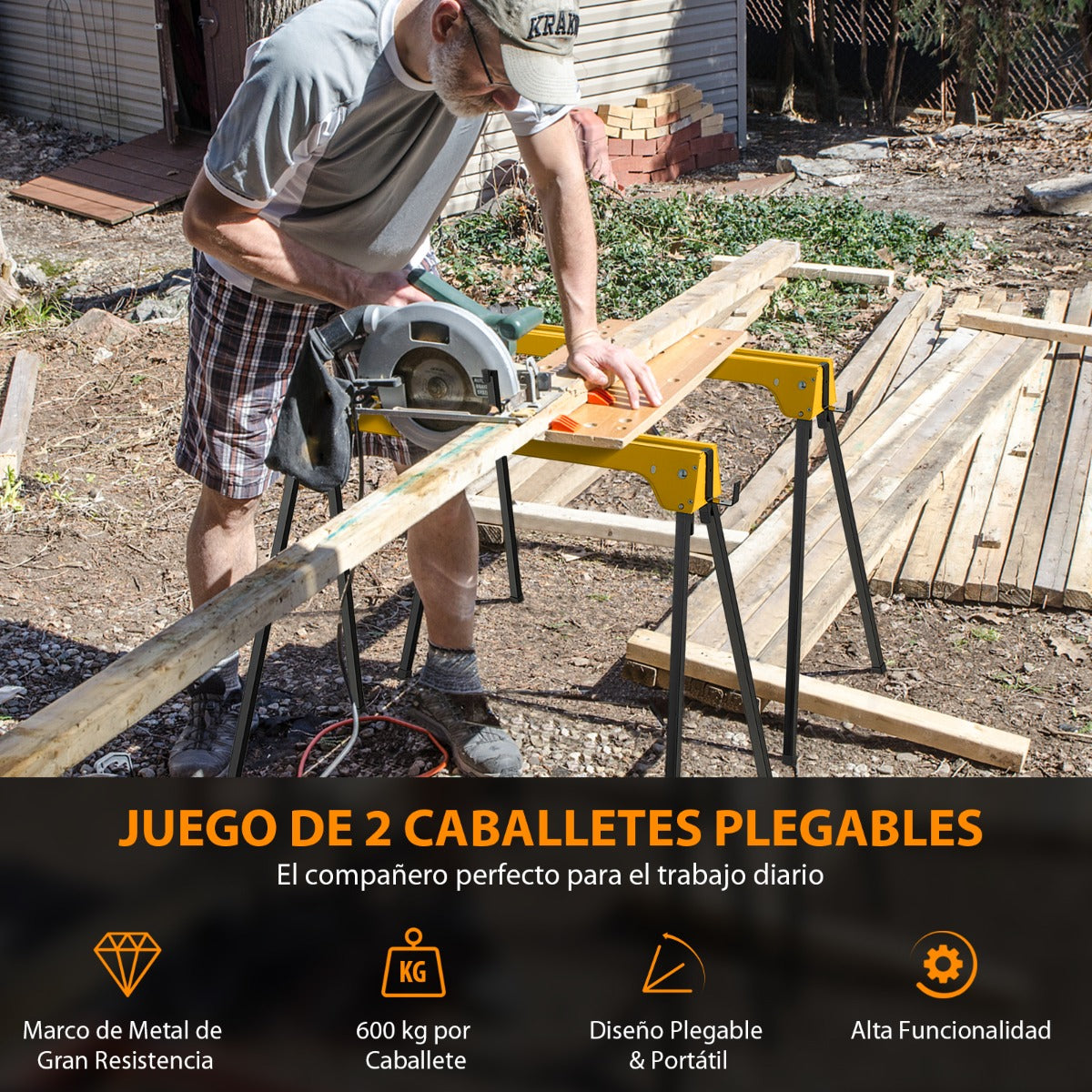 Juego de 2 Caballetes Plegables con Brazos de Soporte Desmontables Juego de Mesa de Trabajo No Requiere Montaje 92 x 48 x 74 cm Amarillo
