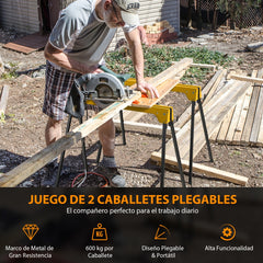 Juego de 2 Caballetes Plegables con Brazos de Soporte Desmontables Juego de Mesa de Trabajo No Requiere Montaje 92 x 48 x 74 cm Amarillo