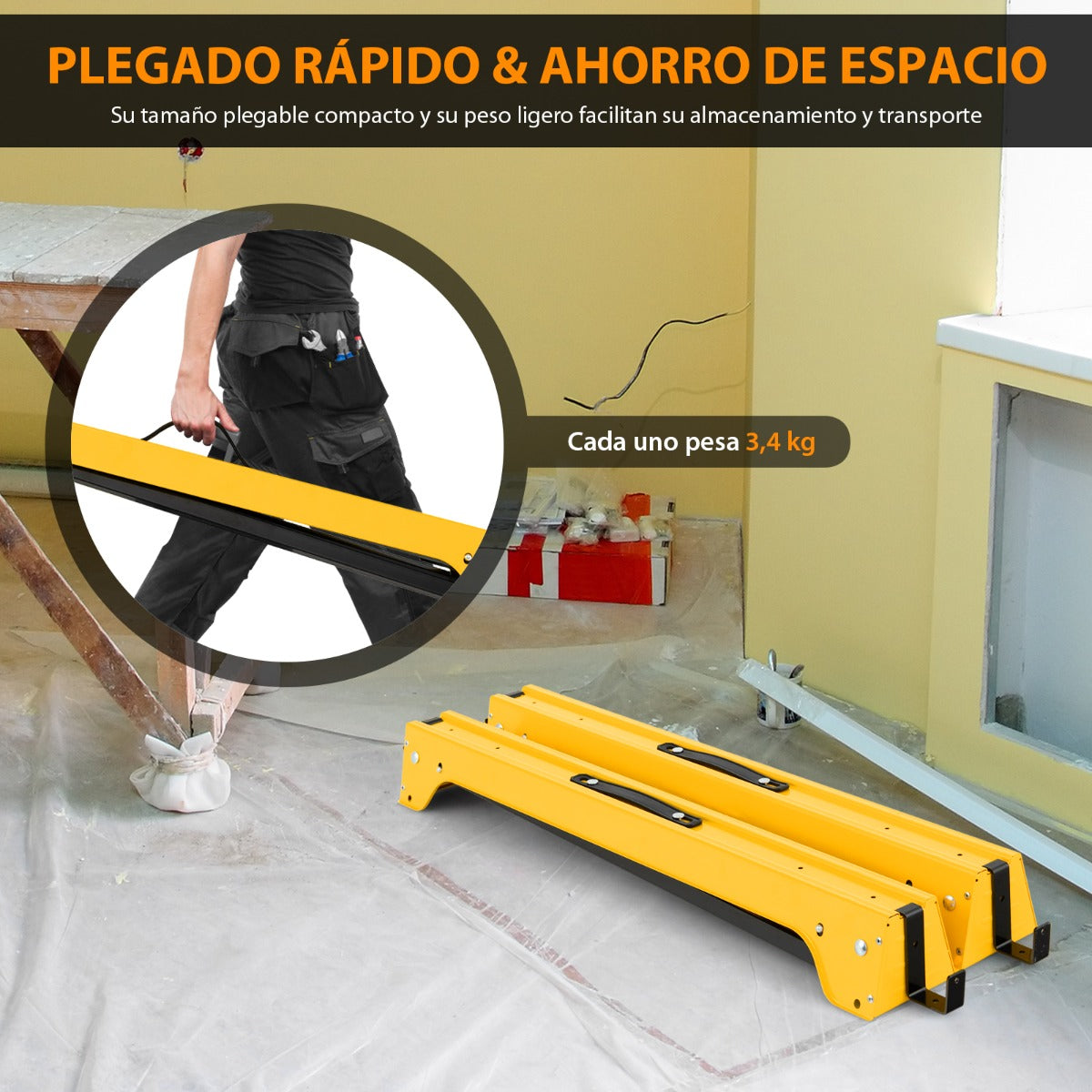 Juego de 2 Caballetes Plegables con Brazos de Soporte Desmontables Juego de Mesa de Trabajo No Requiere Montaje 92 x 48 x 74 cm Amarillo