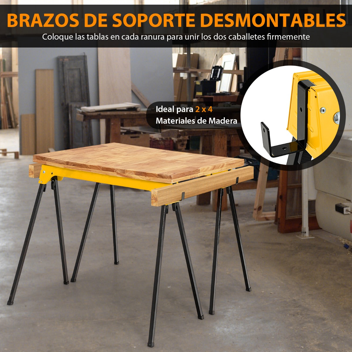 Juego de 2 Caballetes Plegables con Brazos de Soporte Desmontables Juego de Mesa de Trabajo No Requiere Montaje 92 x 48 x 74 cm Amarillo