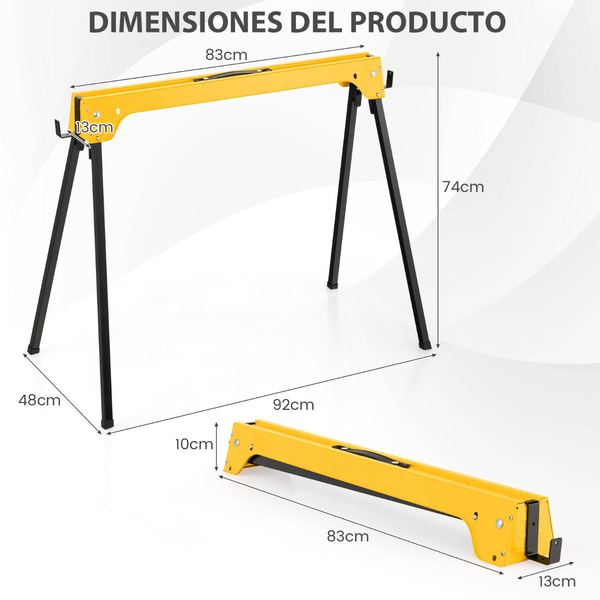 Juego de 2 Caballetes Plegables con Brazos de Soporte Desmontables Juego de Mesa de Trabajo No Requiere Montaje 92 x 48 x 74 cm Amarillo