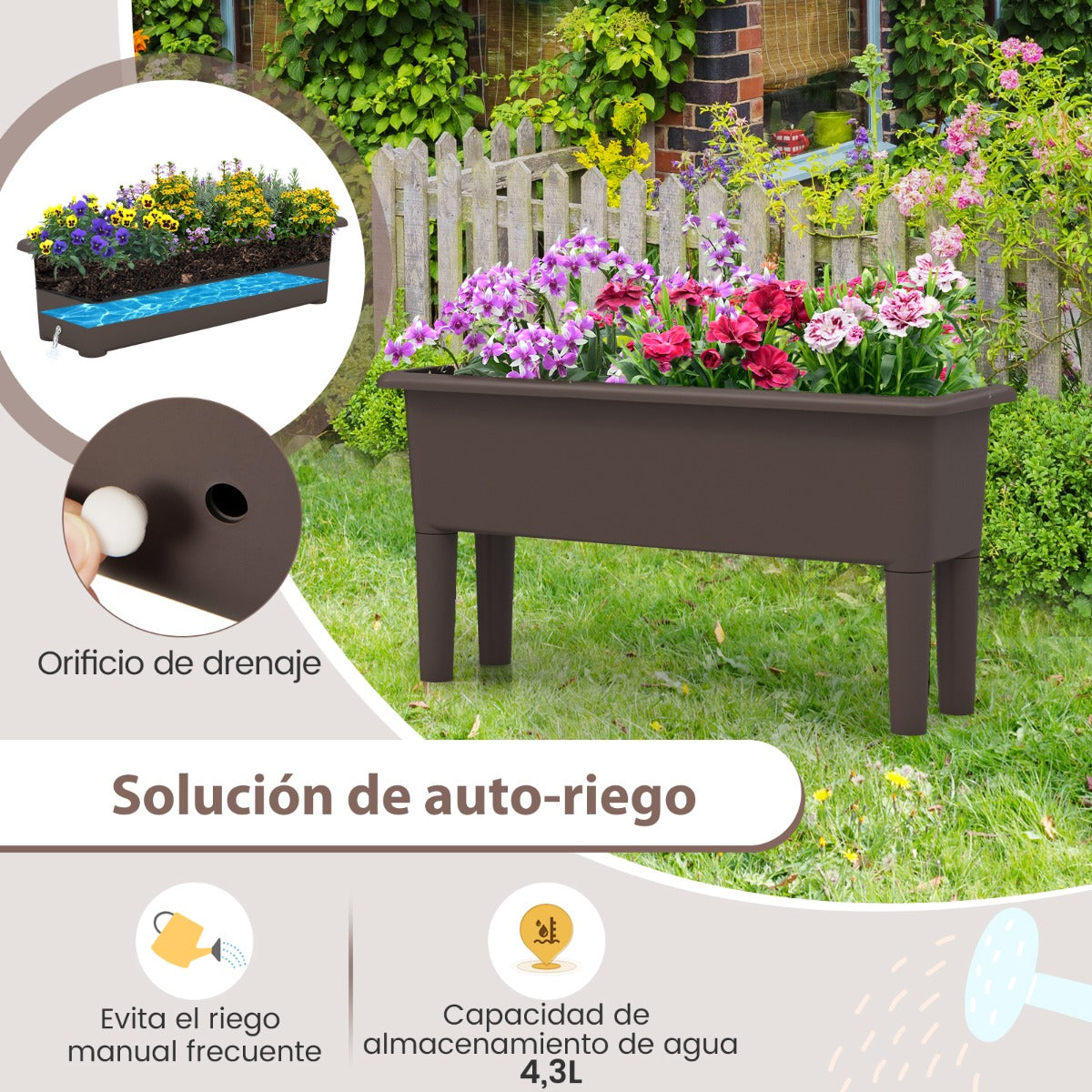 Juego de 2 Camas de Jardín Elevadas con Riego Automático Patas Desmontables Orificio de Drenaje para Verduras Frutas y Hierbas Café