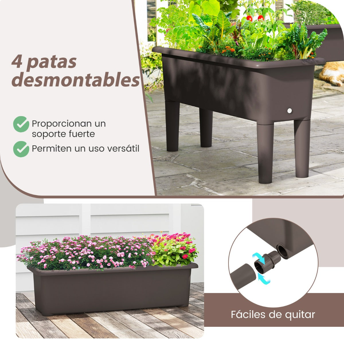 Juego de 2 Camas de Jardín Elevadas con Riego Automático Patas Desmontables Orificio de Drenaje para Verduras Frutas y Hierbas Café
