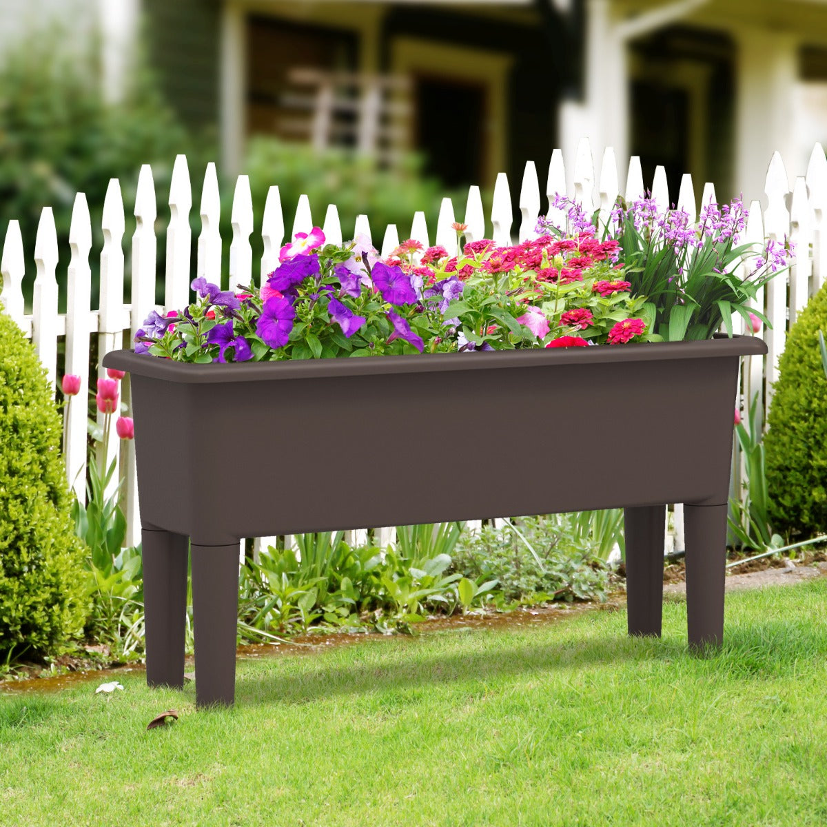 Juego de 2 Camas de Jardín Elevadas con Riego Automático Patas Desmontables Orificio de Drenaje para Verduras Frutas y Hierbas Café
