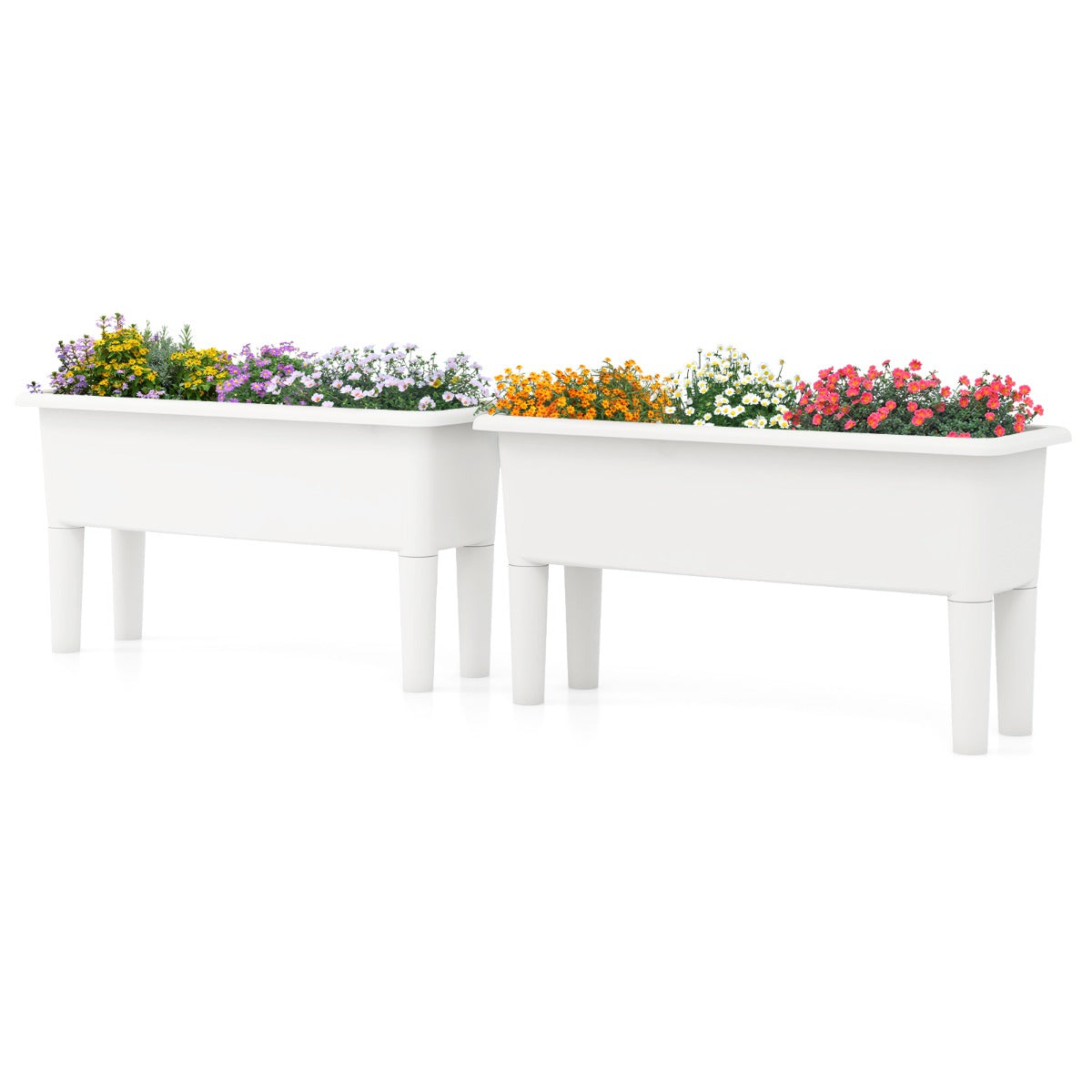 Juego de 2 Camas de Jardín Elevadas con Riego Automático Patas Desmontables Orificio de Drenaje para Verduras Frutas y Hierbas Blanco