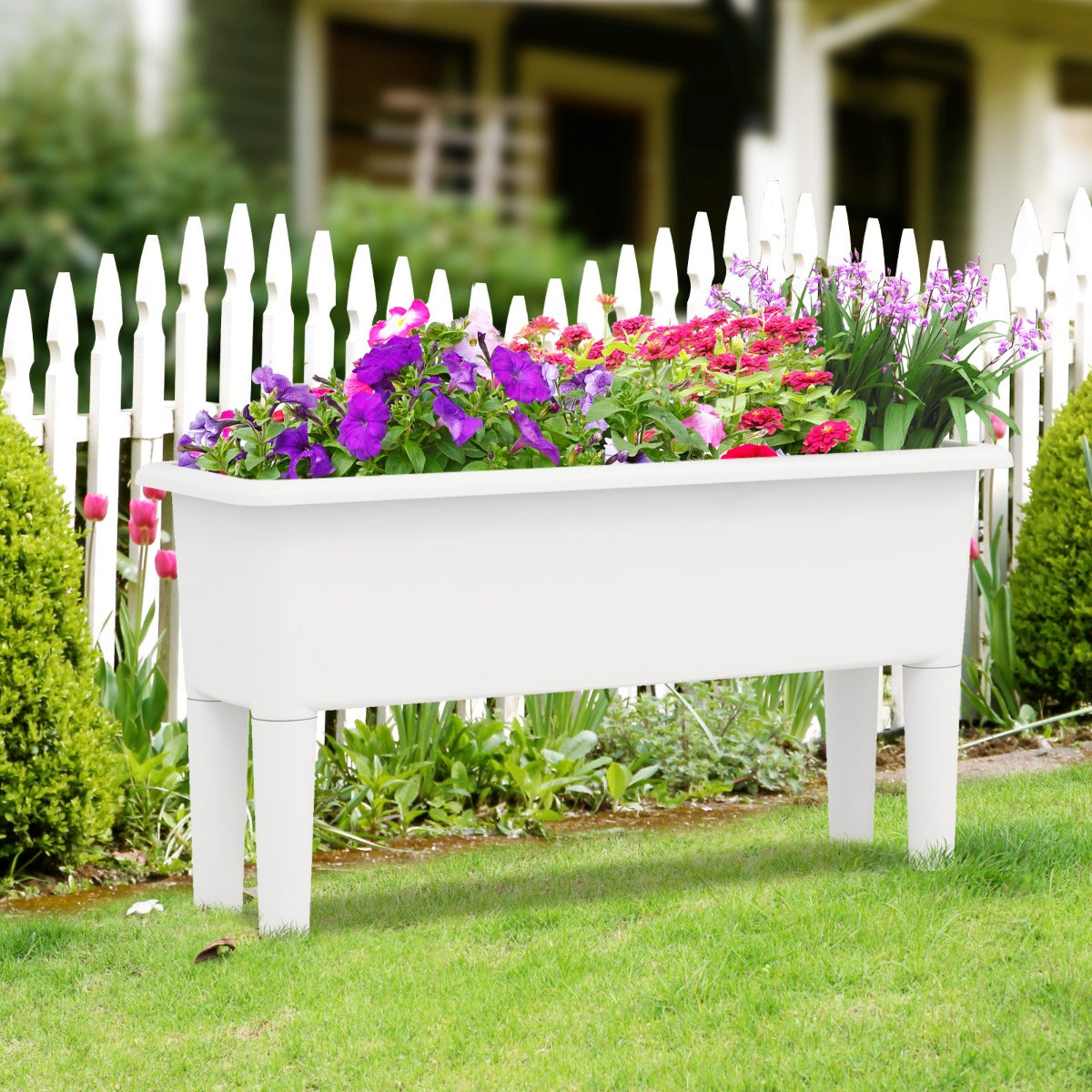 Juego de 2 Camas de Jardín Elevadas con Riego Automático Patas Desmontables Orificio de Drenaje para Verduras Frutas y Hierbas Blanco
