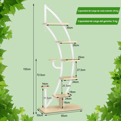 Juego de 2 Estanterías Metálicas para Plantas 7 Niveles Soporte Curvado en Forma de Media Luna con Gancho para Balcón 60x30x155 cm Blanco