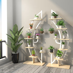 Juego de 2 Estanterías Metálicas para Plantas 7 Niveles Soporte Curvado en Forma de Media Luna con Gancho para Balcón 60x30x155 cm Blanco