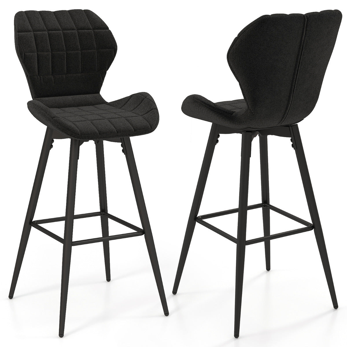 Juego de 2 Taburetes de Bar Sillas de Bar Tapizadas de Metal Respaldo y Reposapiés Patrón de Diamante para Cocina Comedor Carga 150kg Negro
