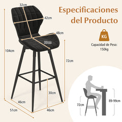 Juego de 2 Taburetes de Bar Sillas de Bar Tapizadas de Metal Respaldo y Reposapiés Patrón de Diamante para Cocina Comedor Carga 150kg Negro