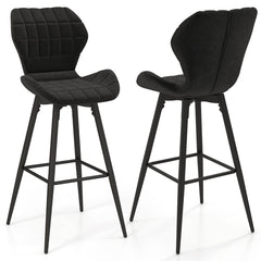 Juego de 2 Taburetes de Bar Sillas de Bar Tapizadas de Metal Respaldo y Reposapiés Patrón de Diamante para Cocina Comedor Carga 150kg Negro