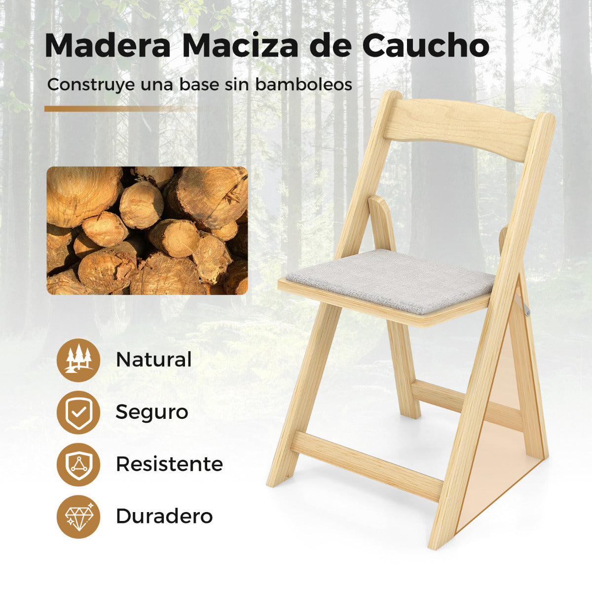 Juego de 2 Sillas de Comedor Plegable con Patas de Madera Caucho Asiento Acolchado Portátil para Oficina Hogar Bodas Fiestas Natural
