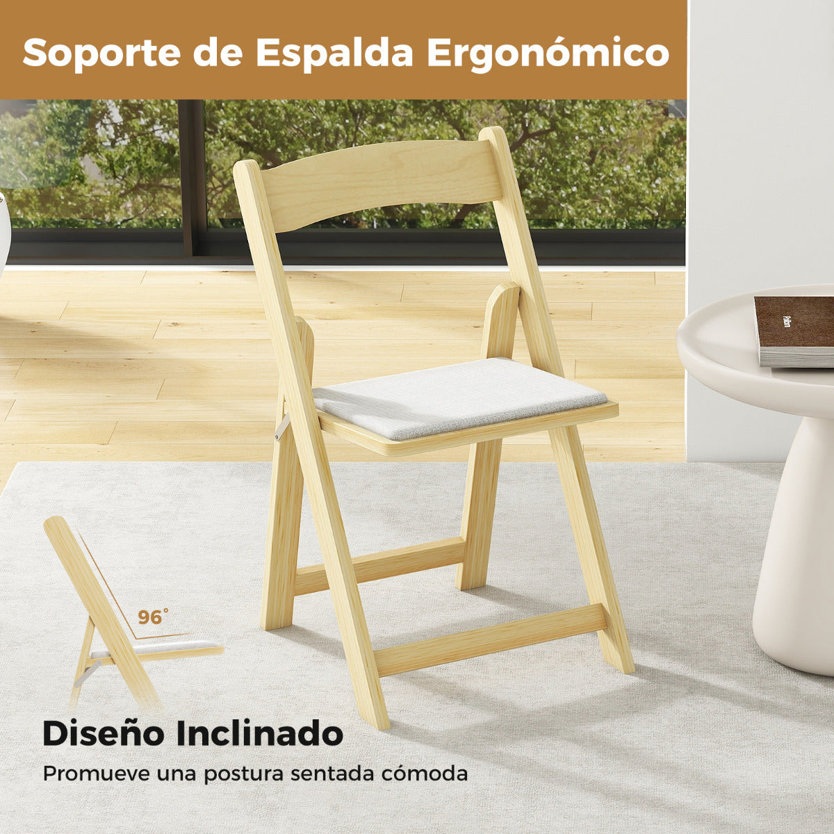 Juego de 2 Sillas de Comedor Plegable con Patas de Madera Caucho Asiento Acolchado Portátil para Oficina Hogar Bodas Fiestas Natural