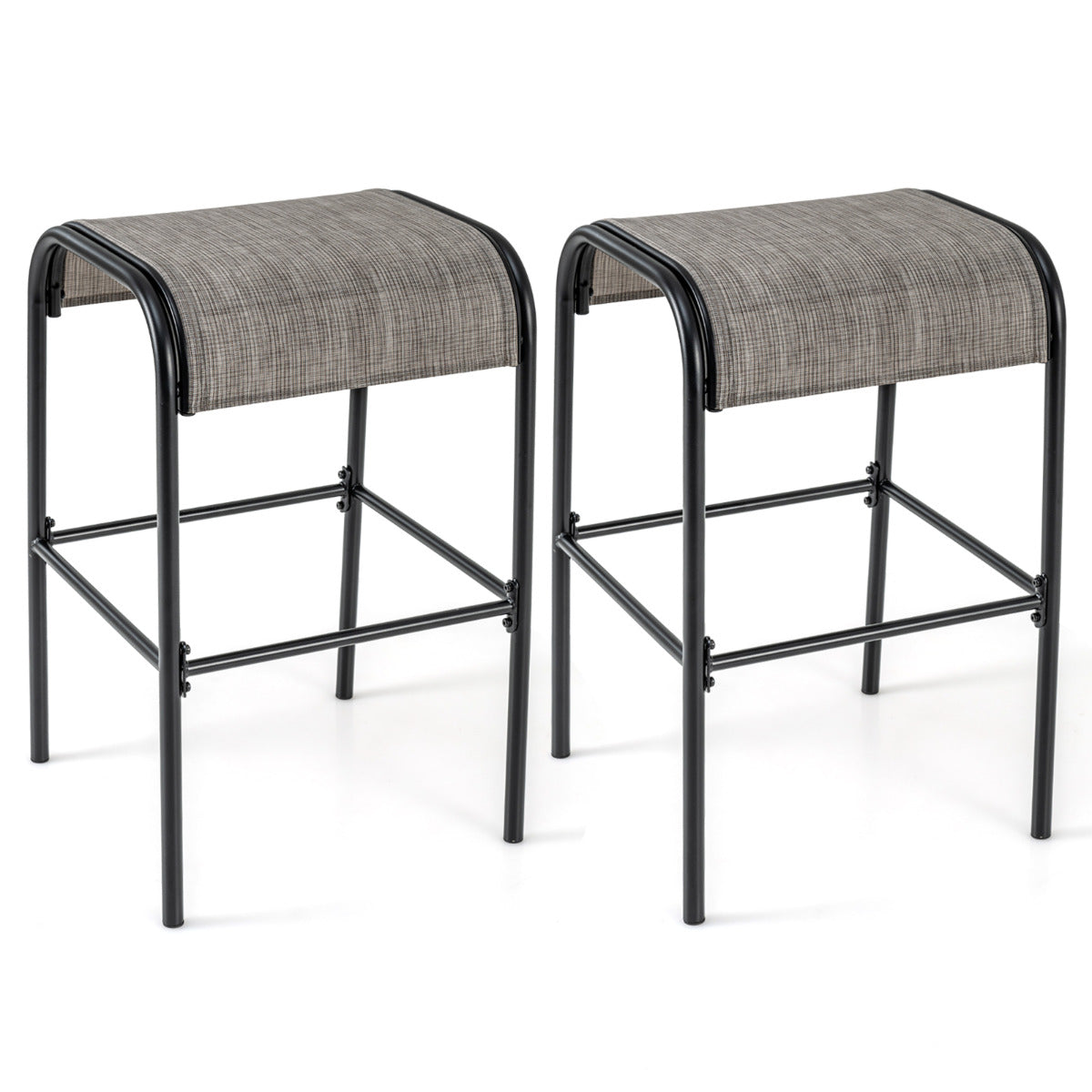 Juego de 2 Taburetes de Bar de Metal 76 cm de Altura con Asiento de Tela Curvado sin Respaldo para Exterior Patio Porche Piscina Marrón