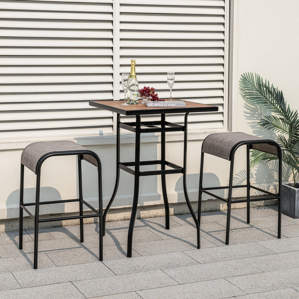 Juego de 2 Taburetes de Bar de Metal 76 cm de Altura con Asiento de Tela Curvado sin Respaldo para Exterior Patio Porche Piscina Marrón