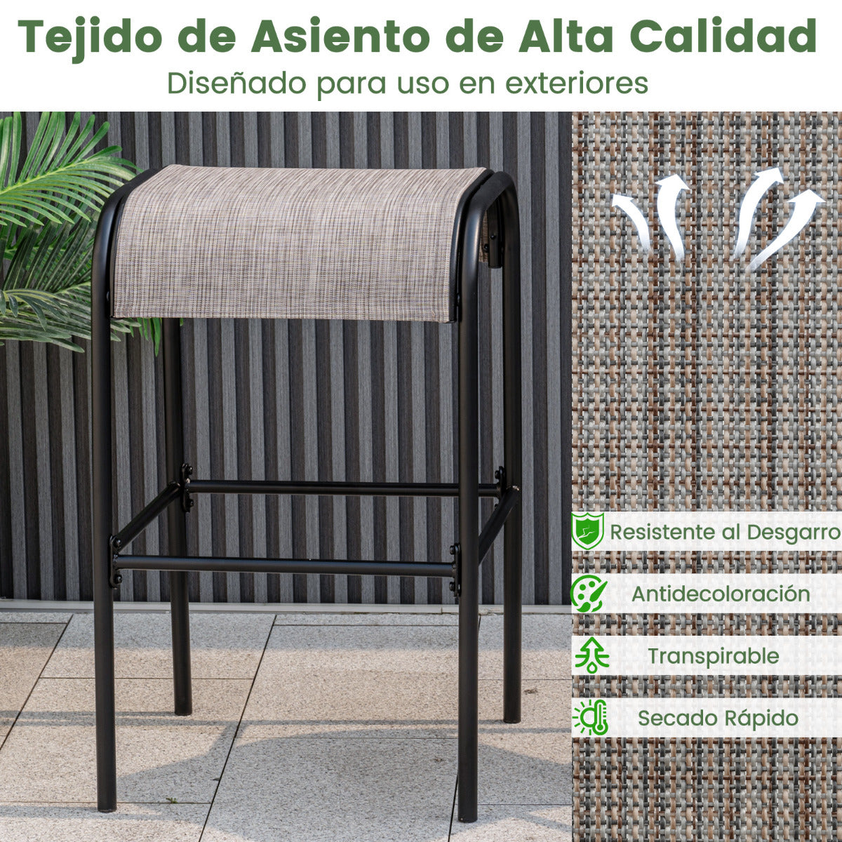 Juego de 2 Taburetes de Bar de Metal 76 cm de Altura con Asiento de Tela Curvado sin Respaldo para Exterior Patio Porche Piscina Marrón