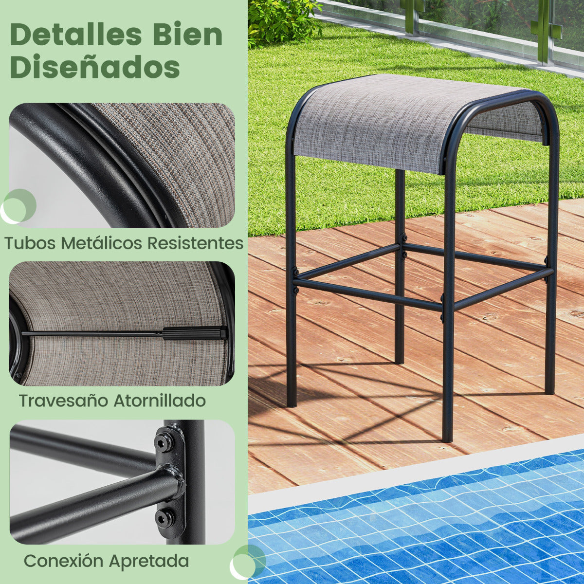 Juego de 2 Taburetes de Bar de Metal 76 cm de Altura con Asiento de Tela Curvado sin Respaldo para Exterior Patio Porche Piscina Marrón