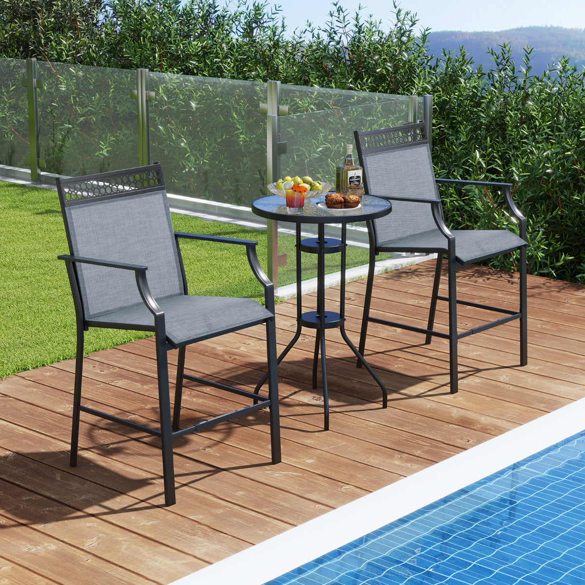 Juego de 2 Taburetes de Bar de Patio con Reposapiés Sillas de Comedor Altura de Mostrador Metálica para Jardín Piscina Balcón Cocina Azul