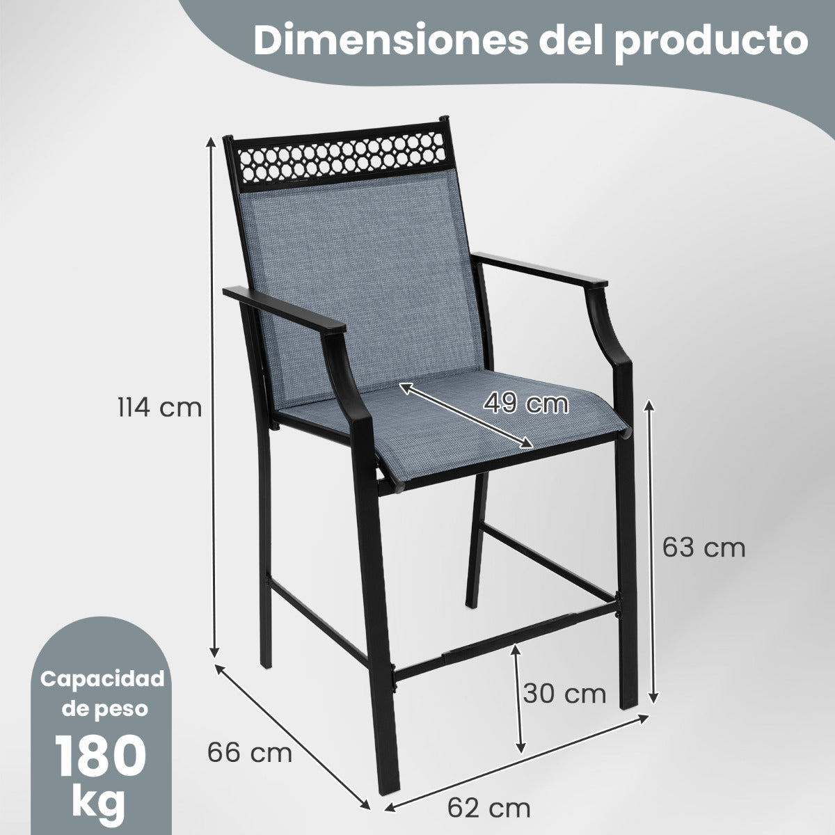 Juego de 2 Taburetes de Bar de Patio con Reposapiés Sillas de Comedor Altura de Mostrador Metálica para Jardín Piscina Balcón Cocina Azul