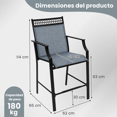 Juego de 2 Taburetes de Bar de Patio con Reposapiés Sillas de Comedor Altura de Mostrador Metálica para Jardín Piscina Balcón Cocina Azul