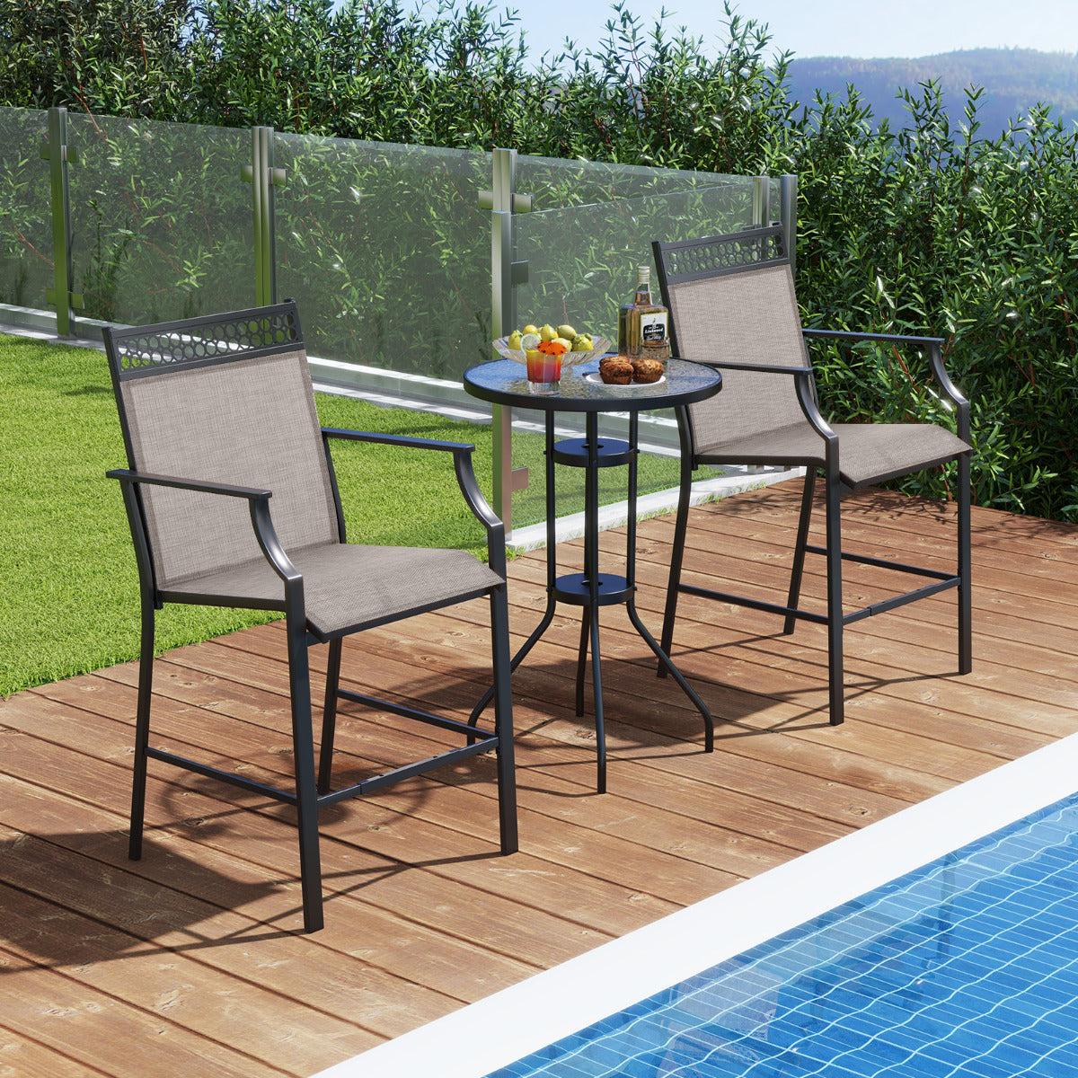Juego de 2 Taburetes de Bar de Patio con Reposapiés Sillas de Comedor Altura de Mostrador Metálica para Jardín Piscina Balcón Cocina Café