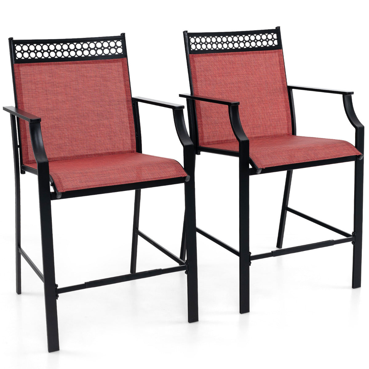 Juego de 2 Taburetes de Bar de Patio con Reposapiés Sillas de Comedor Altura de Mostrador Metálica para Jardín Piscina Balcón Cocina Rojo