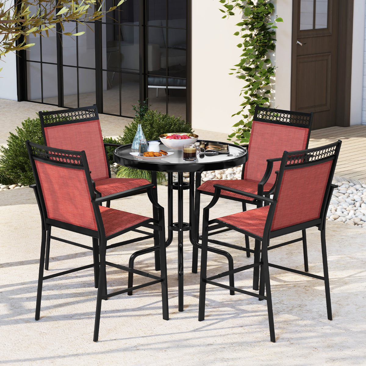 Juego de 2 Taburetes de Bar de Patio con Reposapiés Sillas de Comedor Altura de Mostrador Metálica para Jardín Piscina Balcón Cocina Rojo