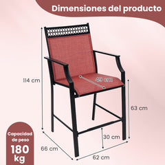 Juego de 2 Taburetes de Bar de Patio con Reposapiés Sillas de Comedor Altura de Mostrador Metálica para Jardín Piscina Balcón Cocina Rojo