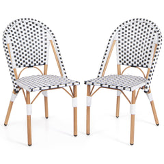 Juego de 2 Sillas de Bistró Francesas sin Brazos Exterior con Ratán Tejido a Mano Marco de Metal para Jardín Cocina Porche Blanco y Negro